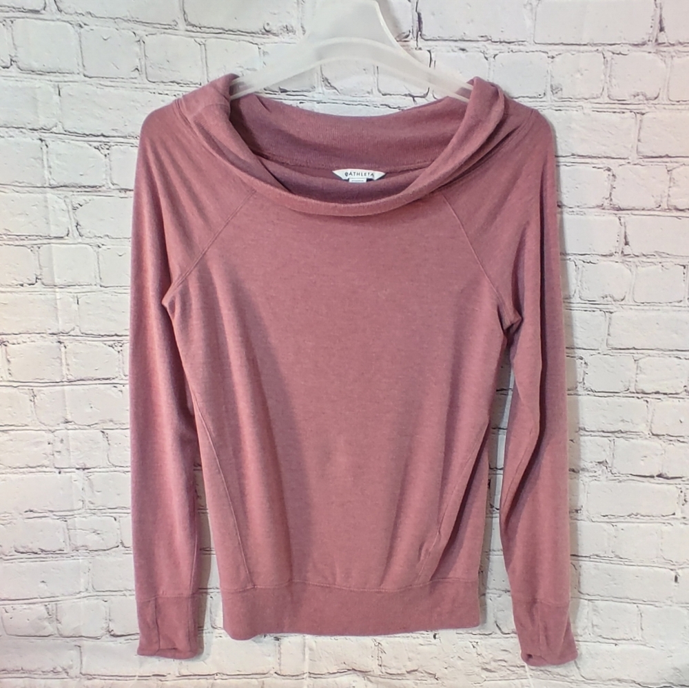 Athleta Studio Barre Off The Shoulder Studio Longsleeve  Plum Smocked Top MT